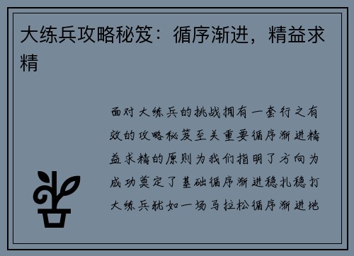 大练兵攻略秘笈：循序渐进，精益求精
