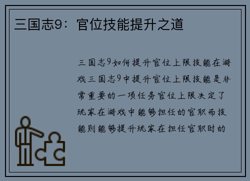 三国志9：官位技能提升之道