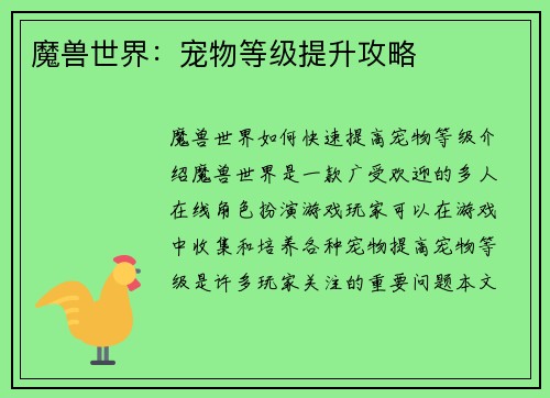 魔兽世界：宠物等级提升攻略